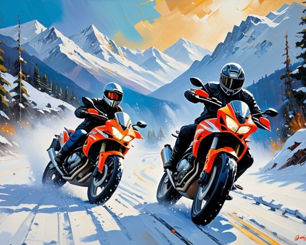 Motorcyclists on Orange Bikes in Snowy Landscape