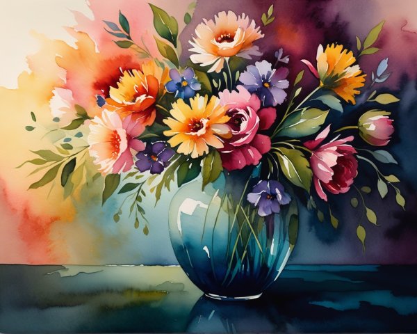 Vibrant Watercolor Bouquet in Glass Vase