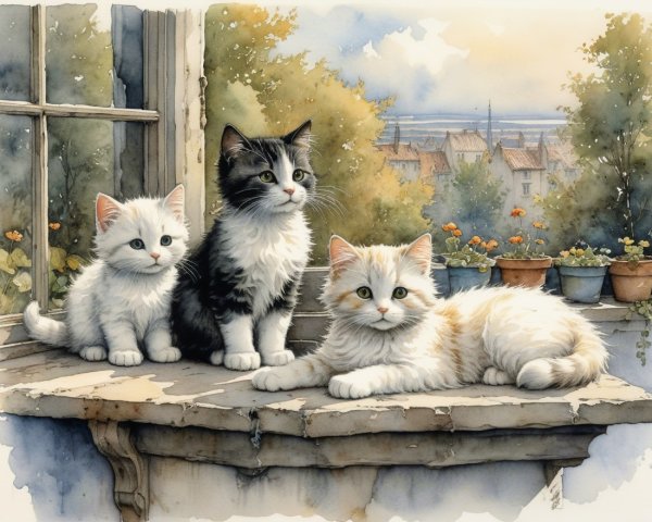 Kittens on Windowsill with Blooming Flowers and View