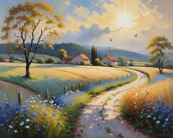 Serene Countryside Scene with Cottages and Wildflowers