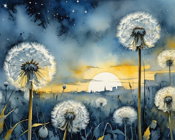 Watercolor Landscape with Dandelions at Sunset