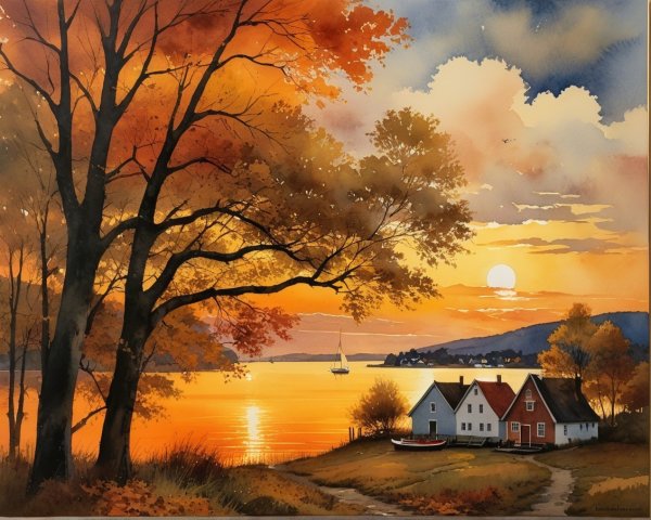 Serene Sunset Over Tranquil Lake with Autumn Foliage