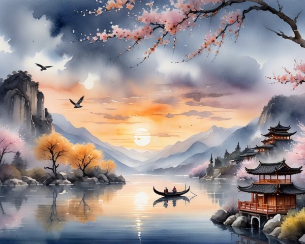 Watercolor Landscape of Lake at Sunset with Cherry Blossoms