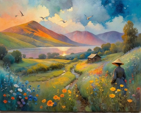 Vibrant Wildflowers and Serene Landscape at Sunset