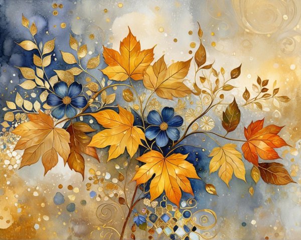 Vibrant Autumn Leaves and Blue Flowers Composition