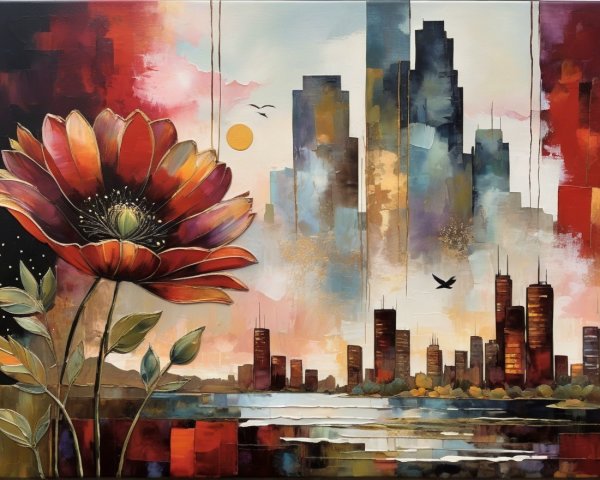 Vibrant Landscape with Flower and Skyline Silhouette