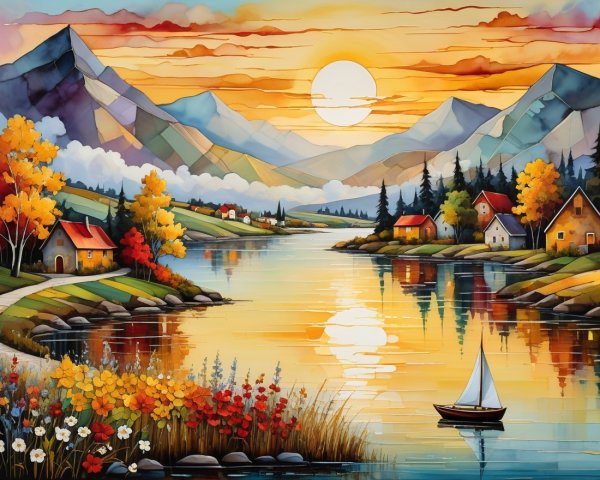 Vibrant Sunset Landscape with Autumn Trees and Lake