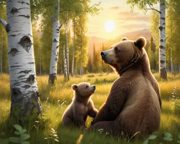 Mother Bear and Cub in Serene Sunset Landscape