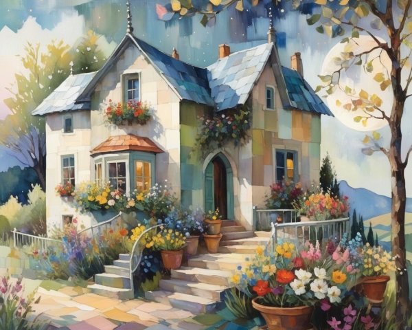 Whimsical House Surrounded by Colorful Flower Garden