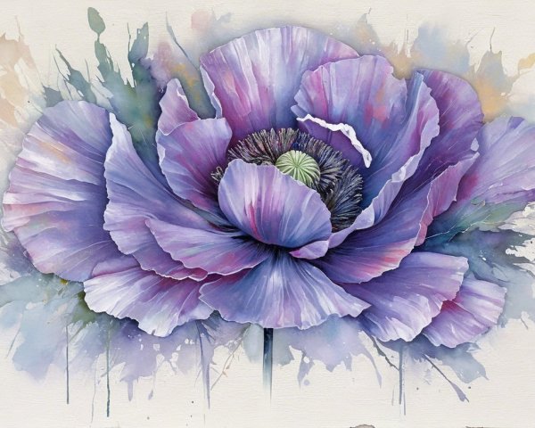 Watercolor Painting of a Large Purple Flower