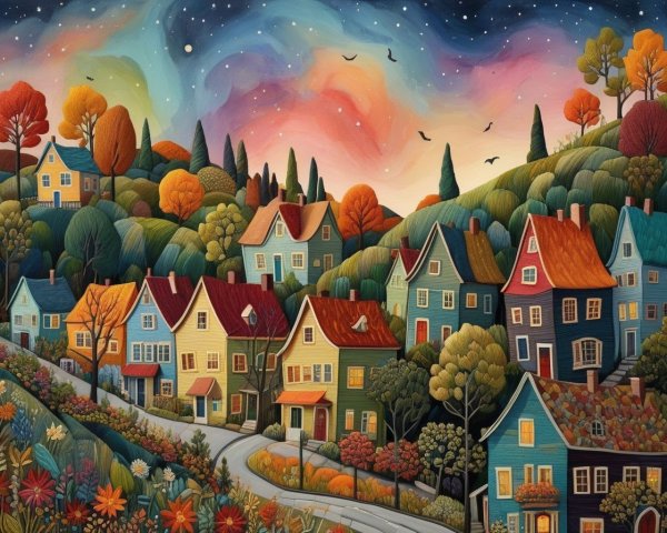 Whimsical Village Landscape with Autumn Colors