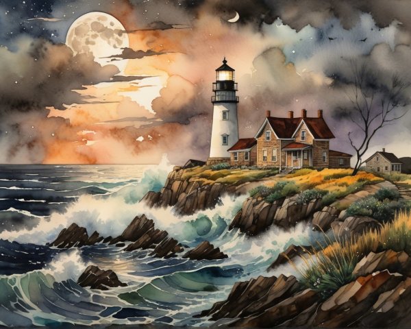Lighthouse on Cliffs Under Moonlit Sky and Waves