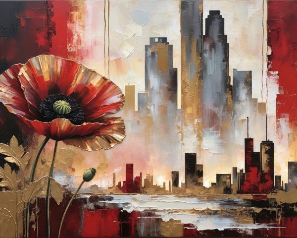 Textured Painting of Red Poppy with City Skyline