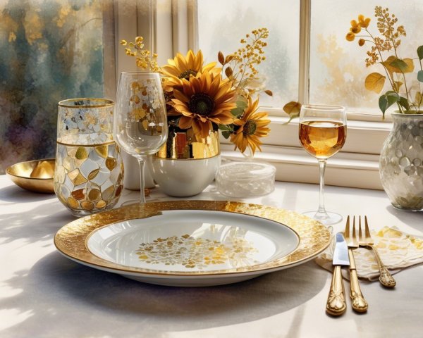Elegant Table Setting with Golden Dinnerware and Flowers