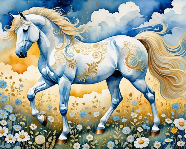 Majestic white horse in a vibrant floral landscape