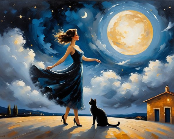 Oil Painting of Woman in Dark Blue Dress Under Moonlight