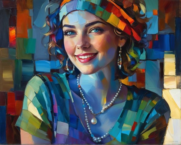 Vibrant Painting of Smiling Woman with Colorful Background