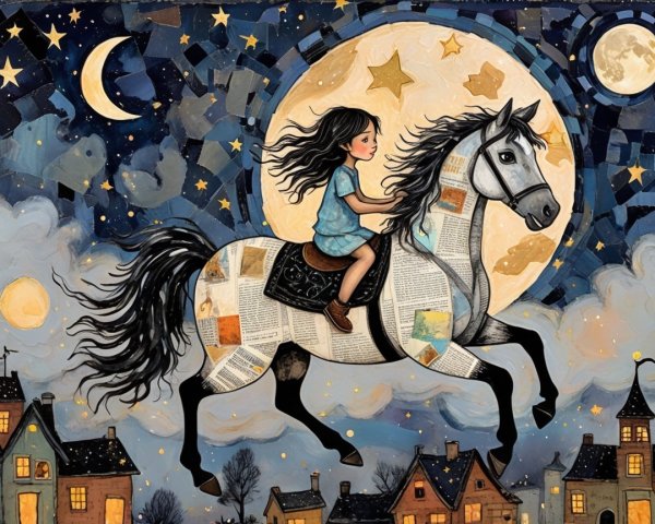 Whimsical Scene of Girl Riding Book-Adorned Horse