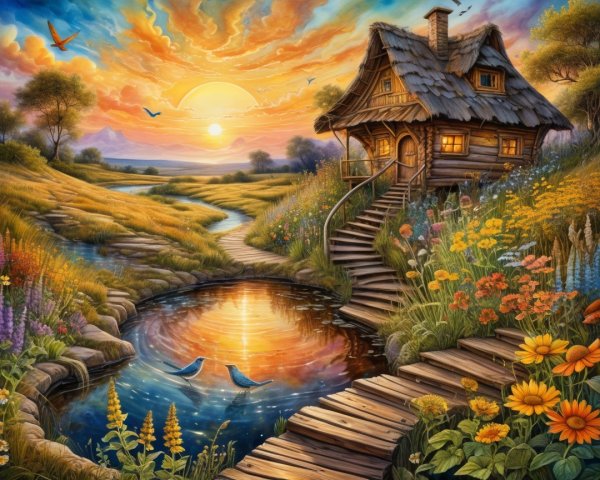 Wooden Cottage by Tranquil Pond Surrounded by Wildflowers