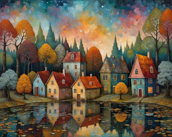 Autumn Landscape with Colorful Houses by a Lake
