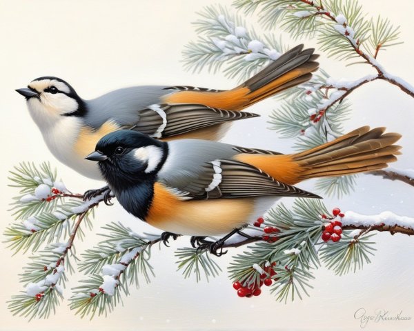 Vivid Winter Scene with Birds on Pine Branch