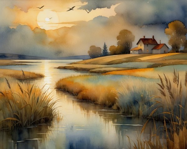Tranquil River Landscape with Golden Grasses and House