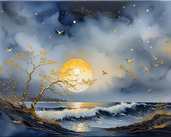 Serene Seascape at Twilight with Full Moon and Waves
