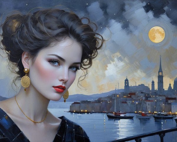 Woman with striking features in a seaside town at night