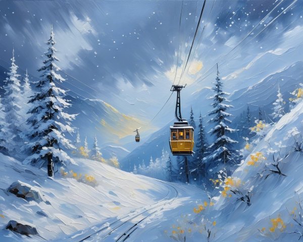Vibrant winter landscape with yellow cable car and snow