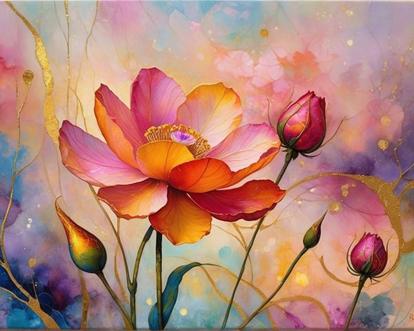 Vibrant Floral Painting with Blooming Flowers and Greenery