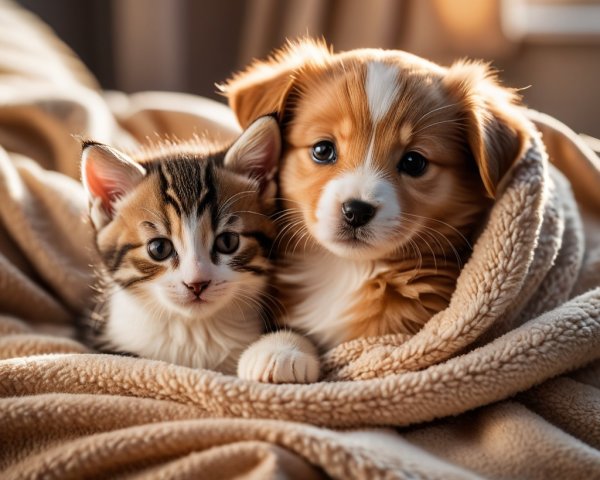 Fluffy Kitten and Playful Puppy Snuggling Together