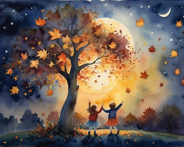 Children Beneath a Colorful Autumn Tree at Night