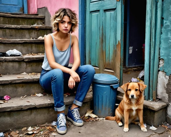 Contemplative Young Woman on Weathered Steps with Dog