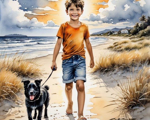 Young boy and black dog on a sandy beach at sunset