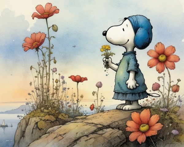Cartoon Dog on Rocky Outcrop with Vibrant Flowers
