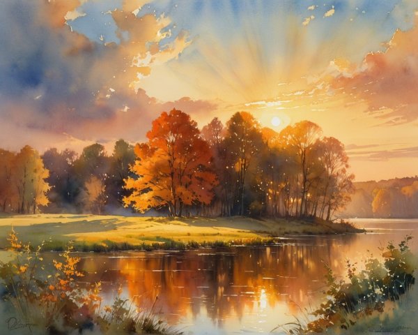 Tranquil Lake at Sunset Surrounded by Autumn Trees