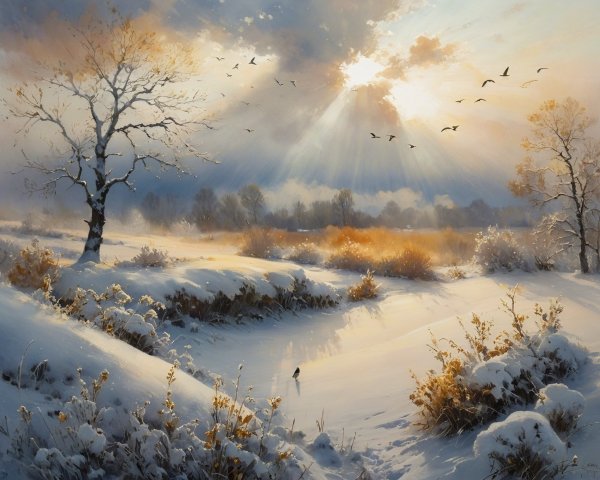 Winter Landscape with Snowy Field and Dramatic Sky