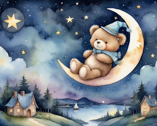 Watercolor Scene of Teddy Bear on Crescent Moon