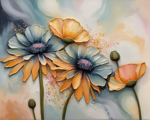 Vibrant Oversized Blue and Orange Flower Artwork