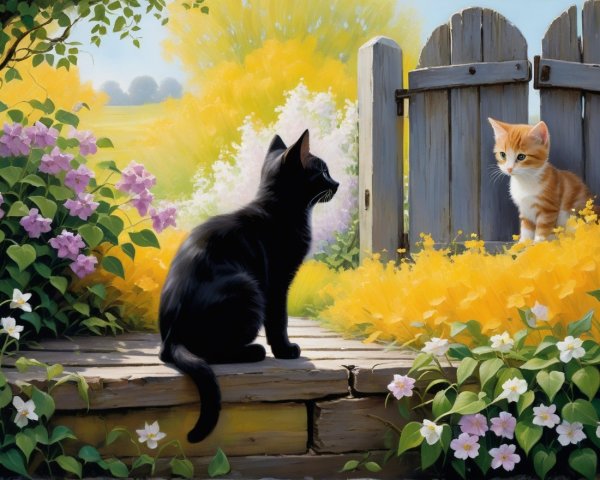 Black Cat and Orange Kitten in a Sunlit Garden