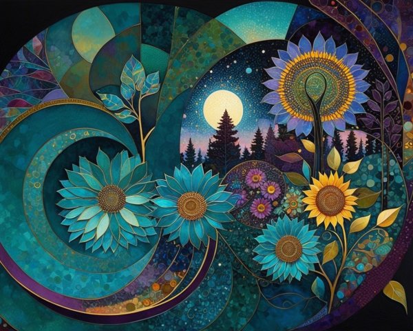 Abstract Nature Art with Sunflowers and Moonlight