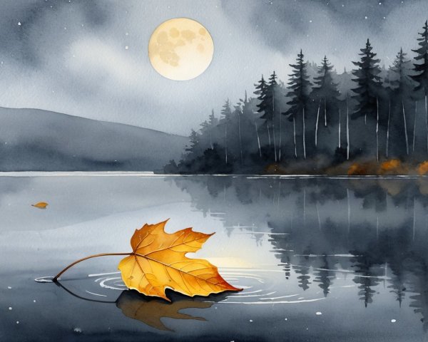 Tranquil Lakeside Scene with Maple Leaf at Dusk