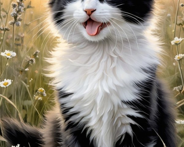 Tuxedo Kitten in Wildflower Field at Sunset