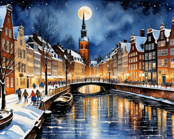 Charming Winter Canal Scene with Historic Buildings