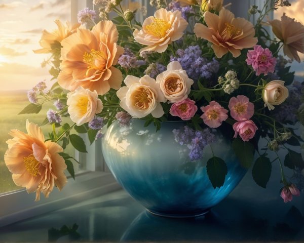 Pastel Flower Bouquet in Blue Vase with Sunlight