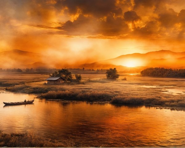 Golden Hour Sunset Over Marshland and Lake Scene