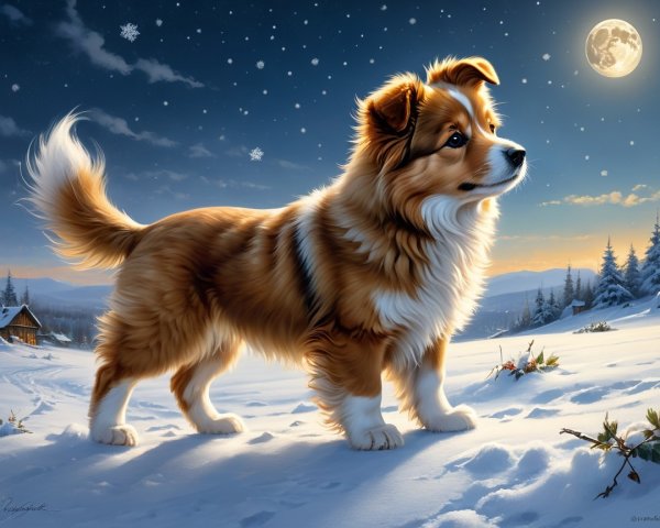 Golden-brown dog in snowy landscape with cabin and moon
