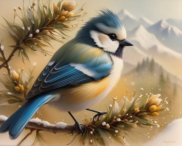 Illustration of a Bird on Snowy Pine Branch