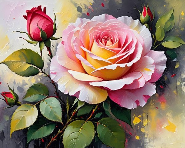 Vibrant Oil Painting of Central Rose with Textured Details