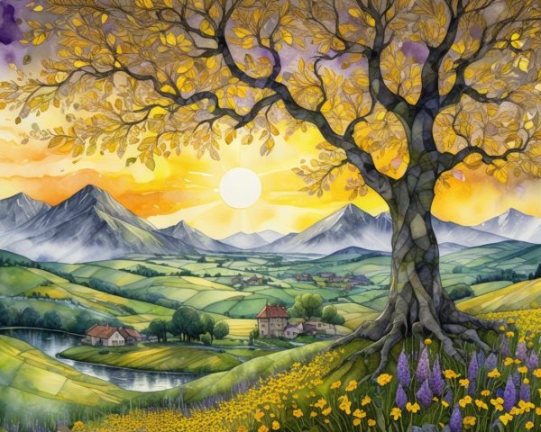 Vibrant Sunset Landscape with Majestic Tree and River